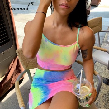 Tie Dye Strap Sexy Women Two Piece Sets Sleeveless Bodycon Summer 2019 Fashion Slim Outfits Camis And Mini Skirt Set